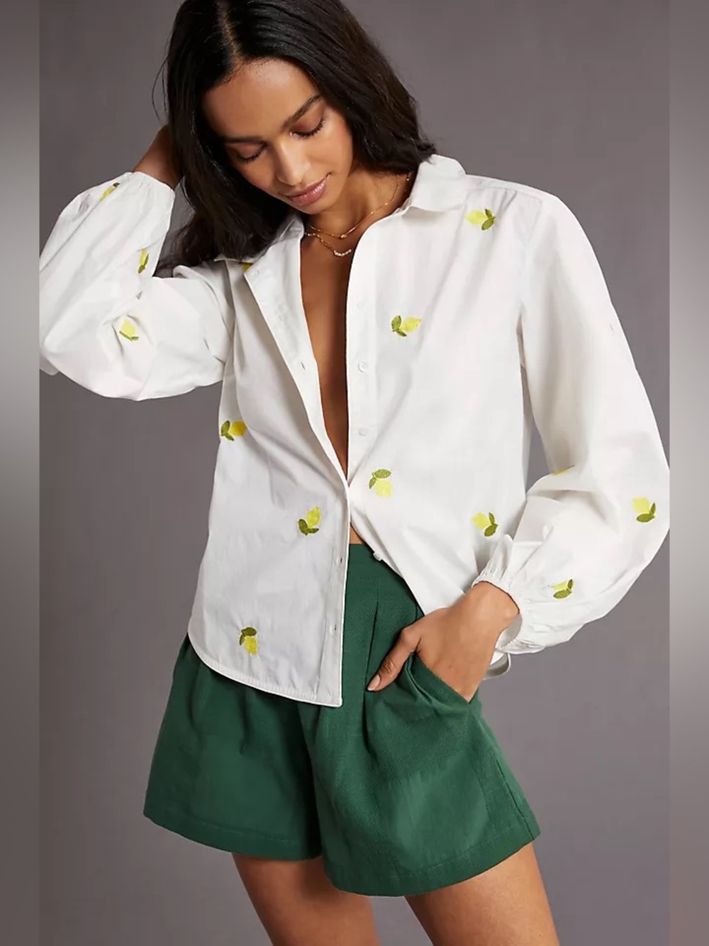 Anthropologie Maeve Lemon Embroidered Buttondown in White